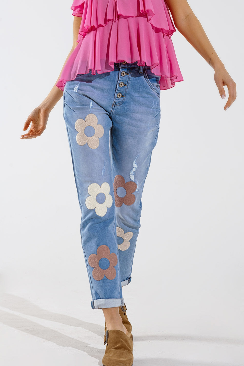 Straight jeans with button closing and flower detail in front | Just Cool Beans