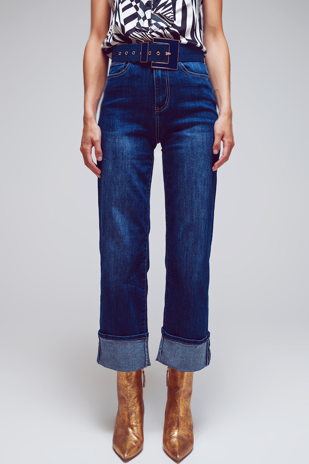 Straight jeans with folded hem in mid blue wash | Just Cool Beans — jeans | the denim shop
