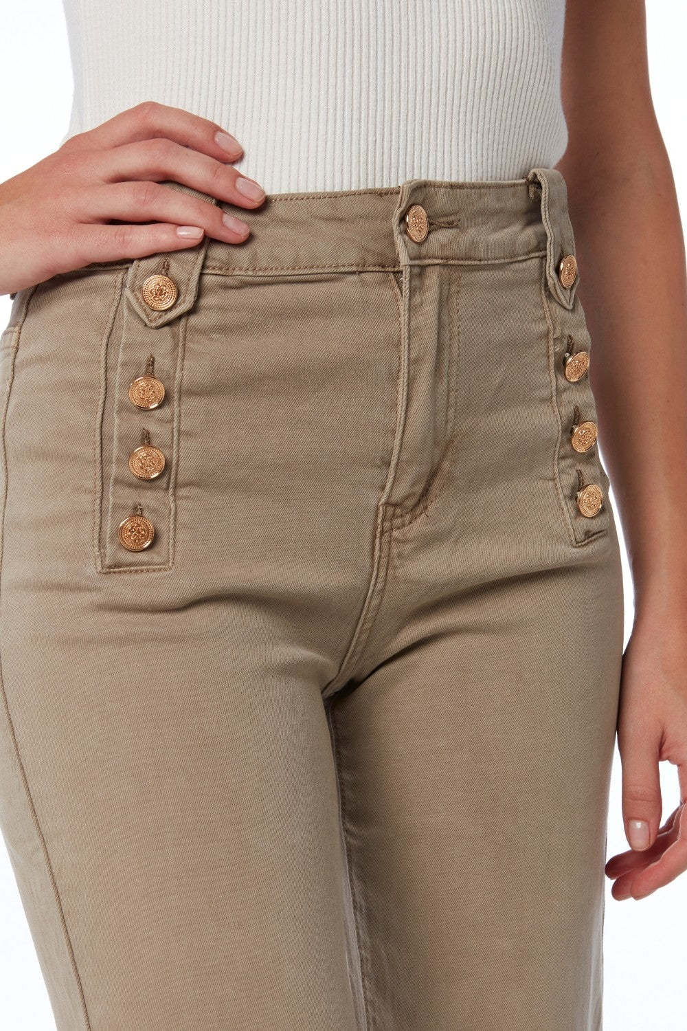 Straight jeans with gold buttons at the side in beige | Just Cool Beans