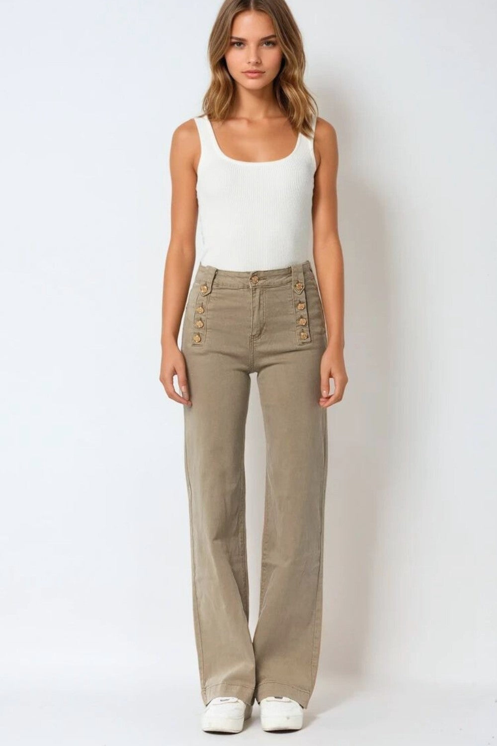 Straight jeans with gold buttons at the side in beige | Just Cool Beans