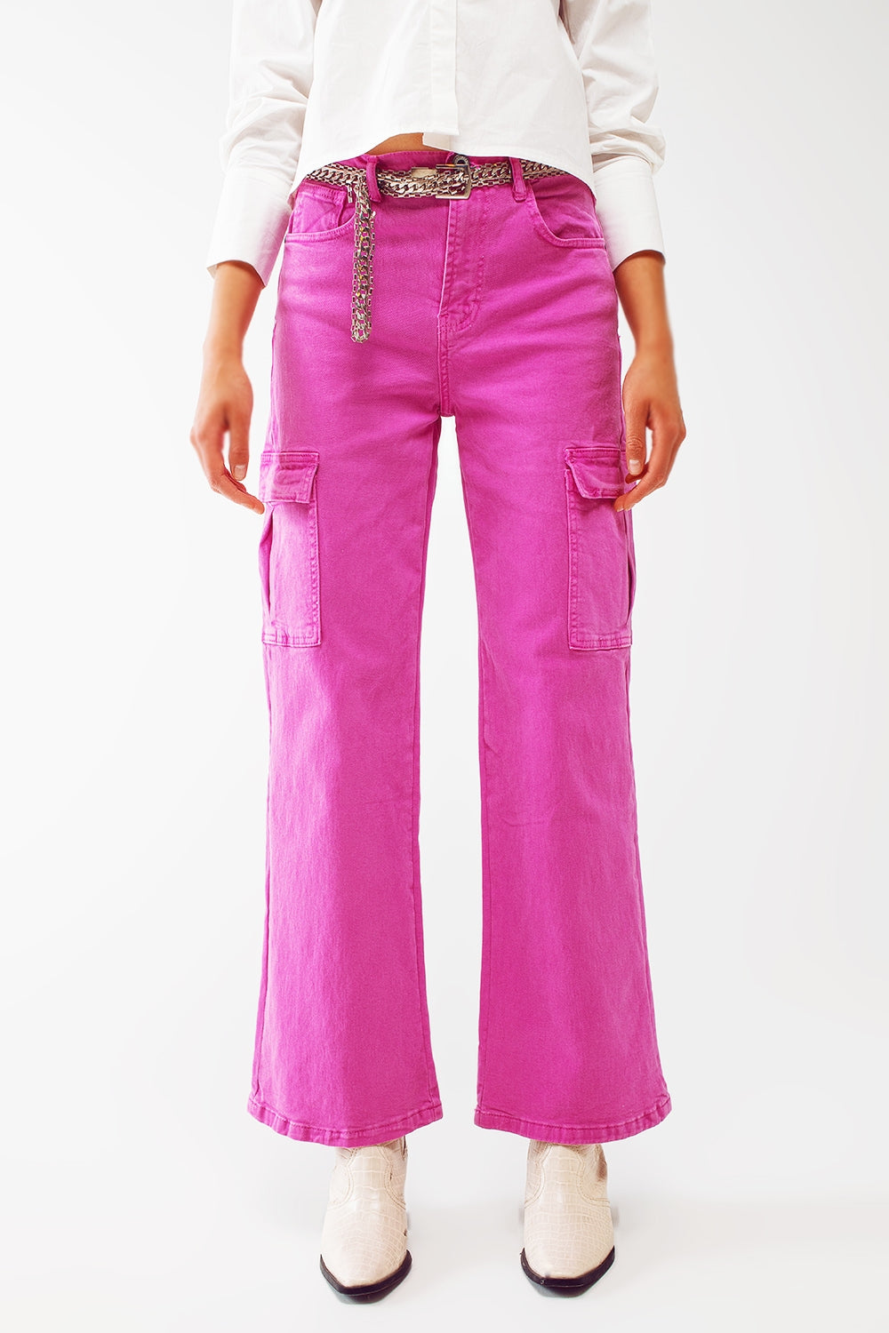 Straight leg cargo jeans in fuchsia | Just Cool Beans