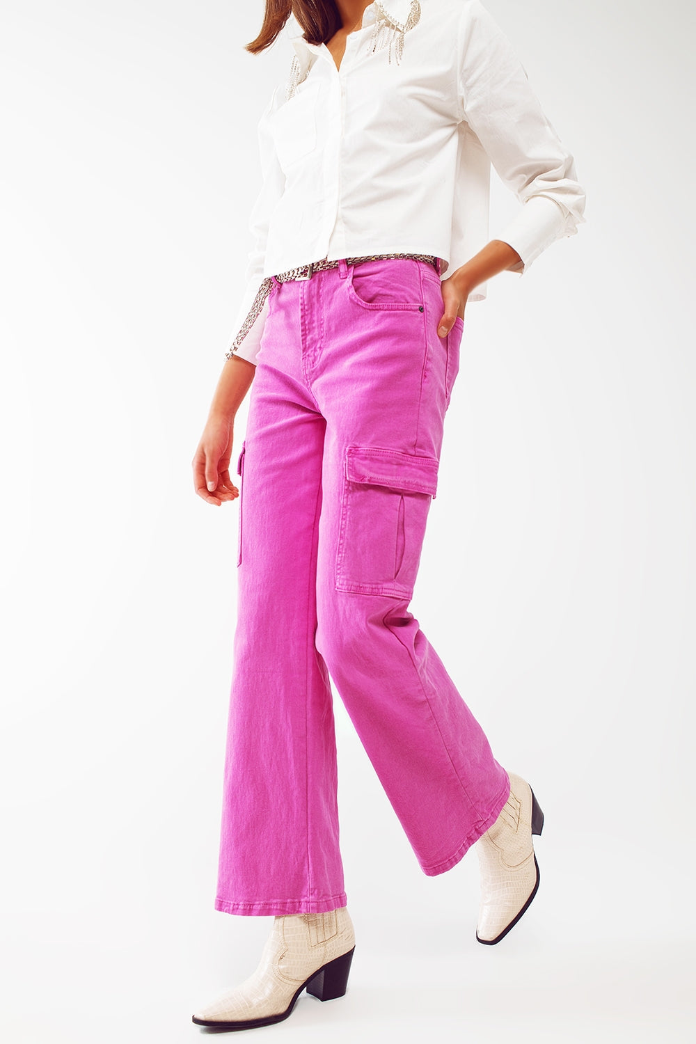Straight leg cargo jeans in fuchsia | Just Cool Beans