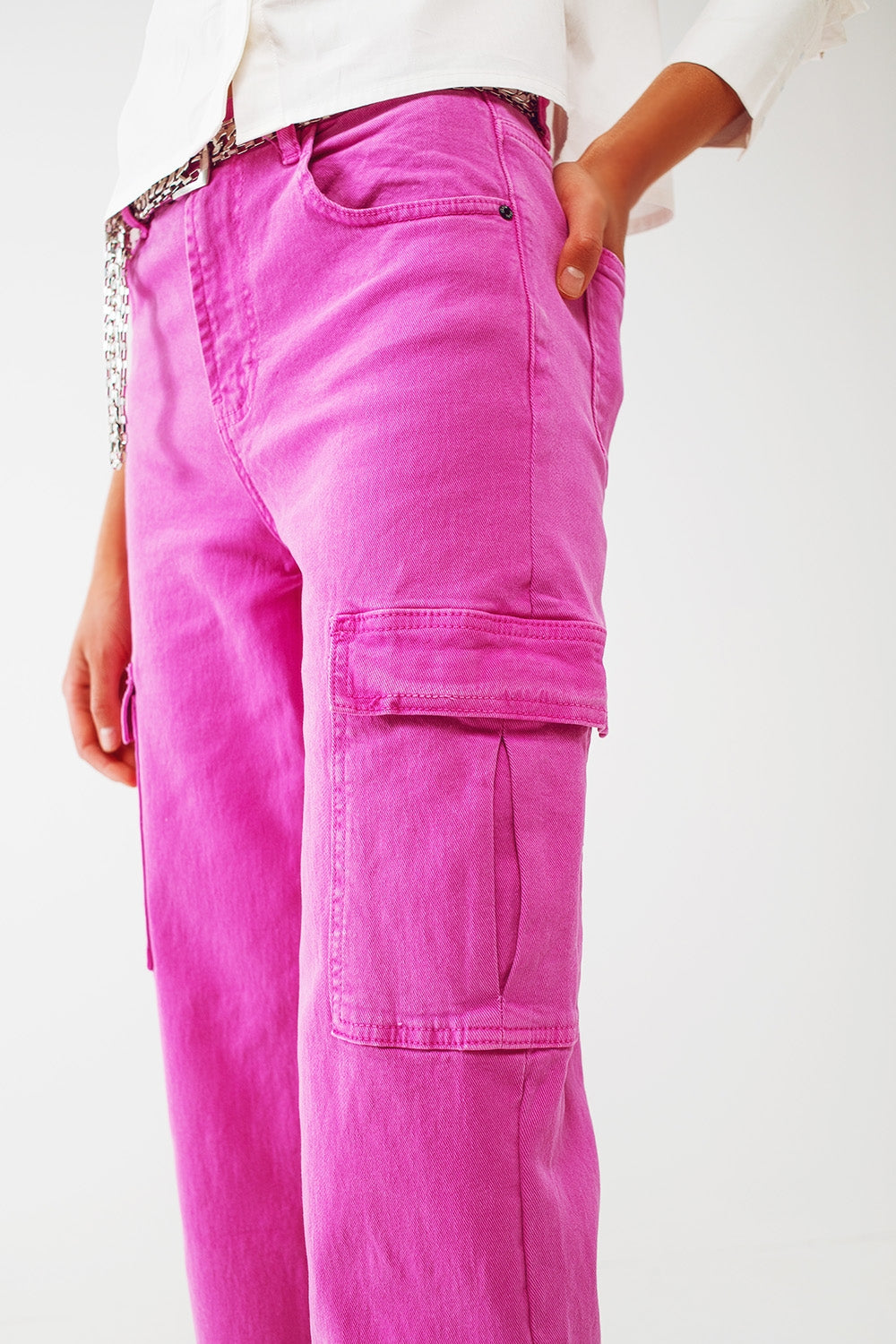 Straight leg cargo jeans in fuchsia | Just Cool Beans