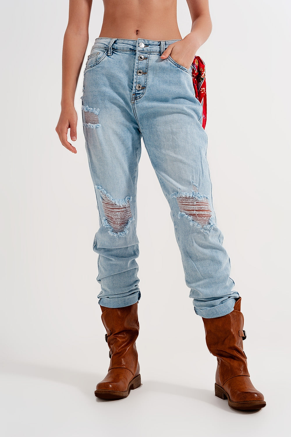 Straight leg distressed jeans with button detail in light blue | Just Cool Beans