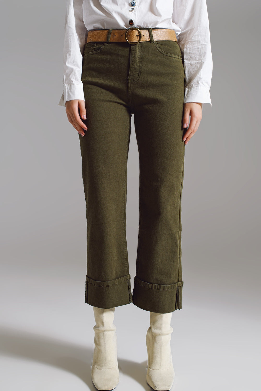 Straight leg jeans with cropped hem in dark green | Just Cool Beans — jeans | tops