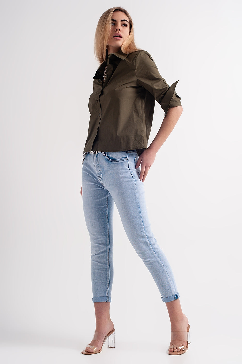 Straight leg jeans with folded ankles in light denim | Just Cool Beans