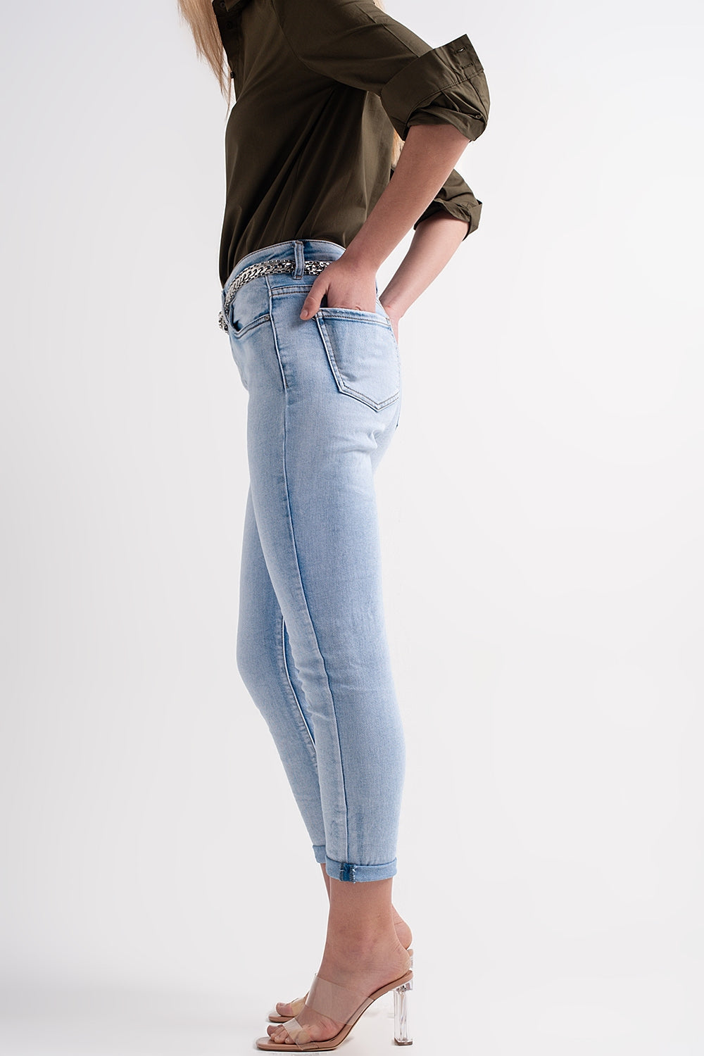 Straight leg jeans with folded ankles in light denim | Just Cool Beans