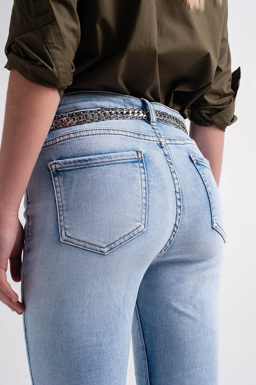 Straight leg jeans with folded ankles in light denim | Just Cool Beans