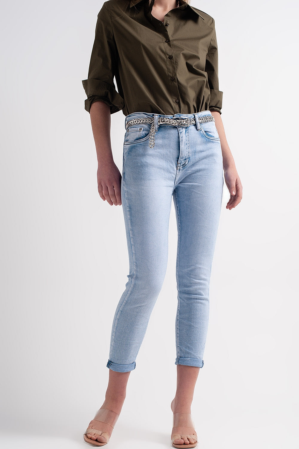 Straight leg jeans with folded ankles in light denim | Just Cool Beans