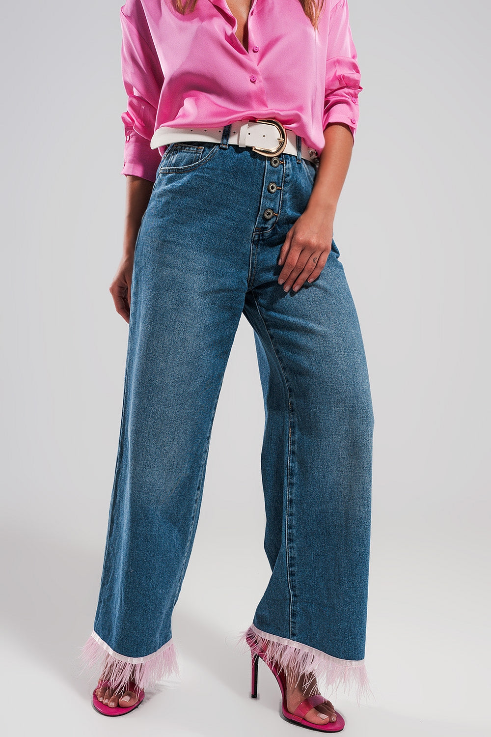Straight leg jeans with pink faux feather hem | Just Cool Beans — jeans | the denim shop