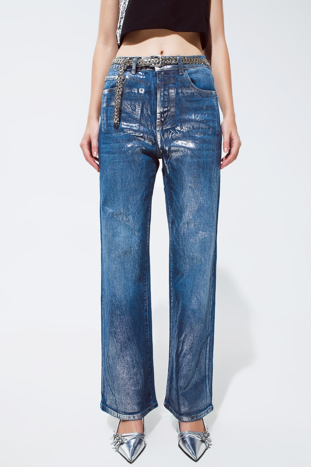 Straight leg jeans with silver metallic finish | Just Cool Beans