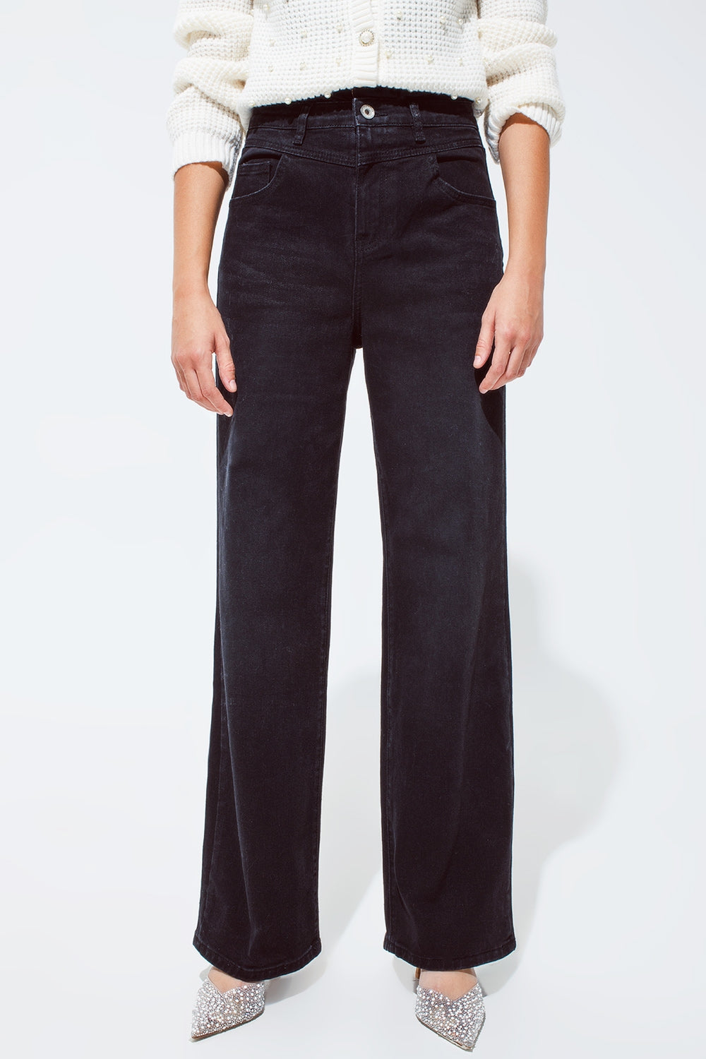 Straight leg jeans with waist stitching detail in black | Just Cool Beans