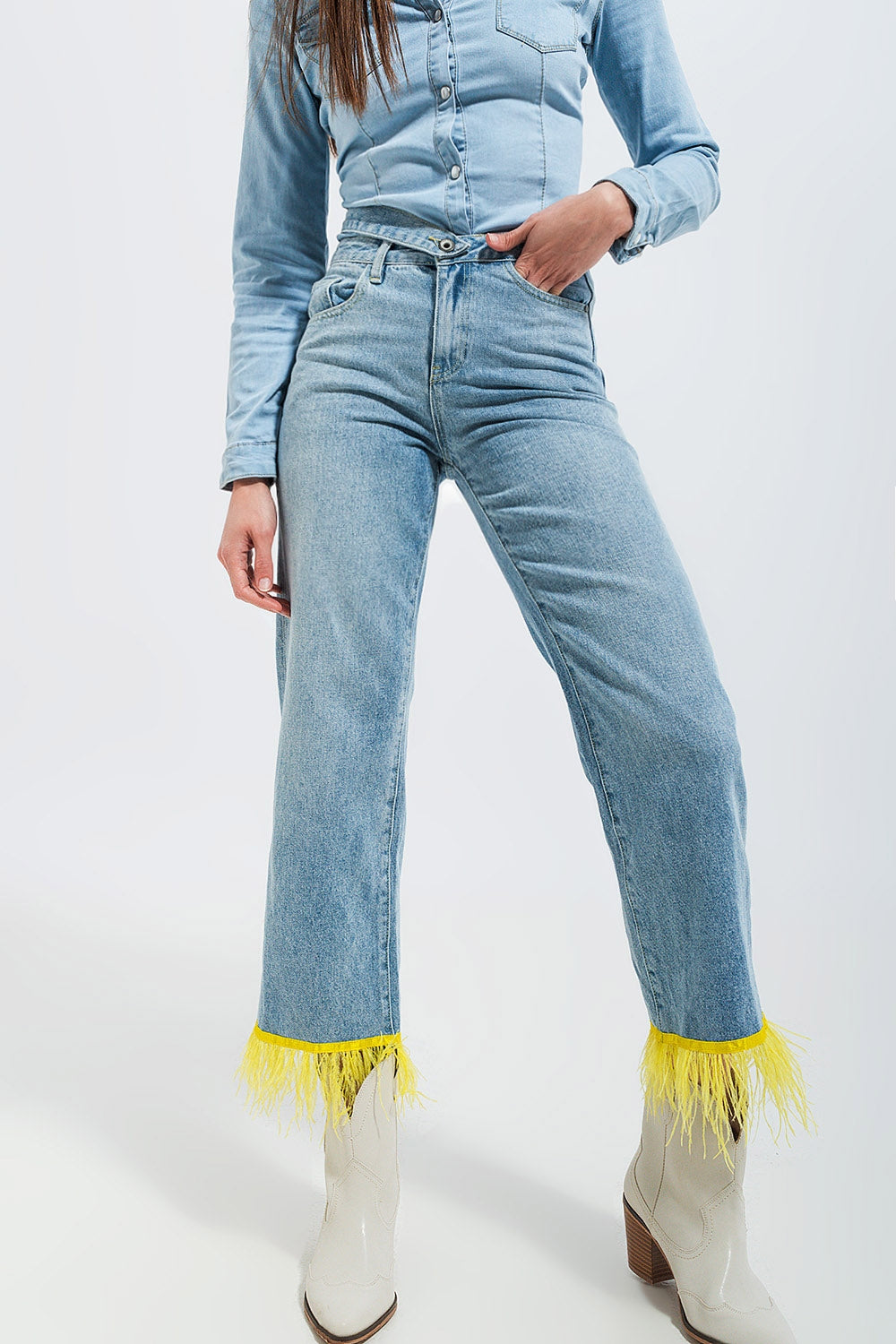 Straight leg jeans with yellow faux feather hem | Just Cool Beans — jeans | the denim shop