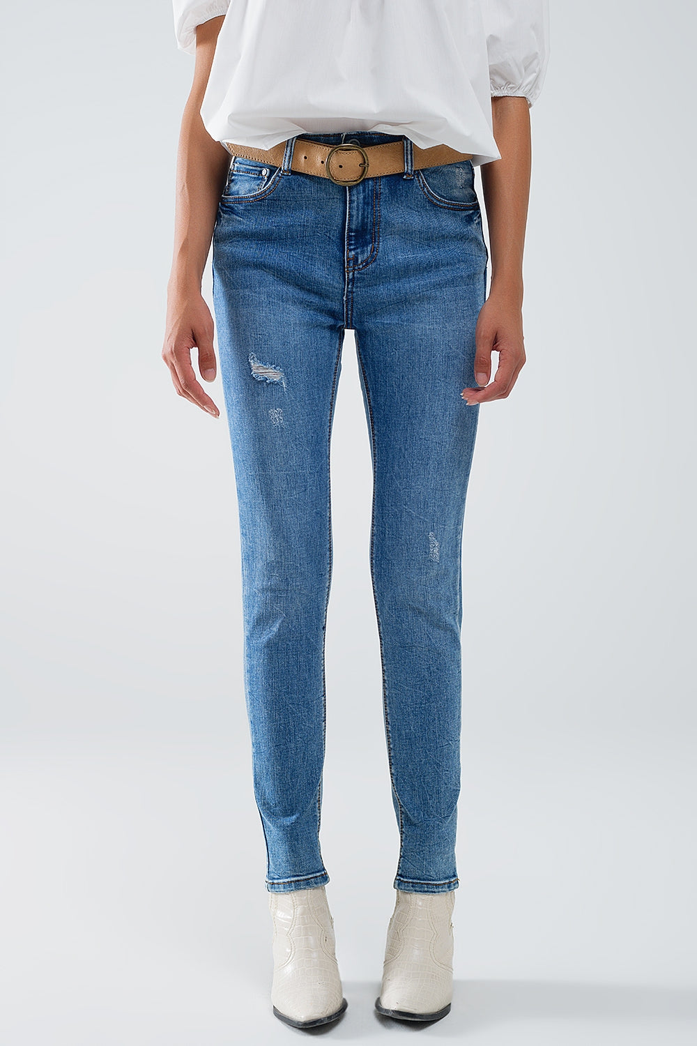 Stretch denim super skinny jeans in midwash with distress details | Just Cool Beans — jeans | the denim shop