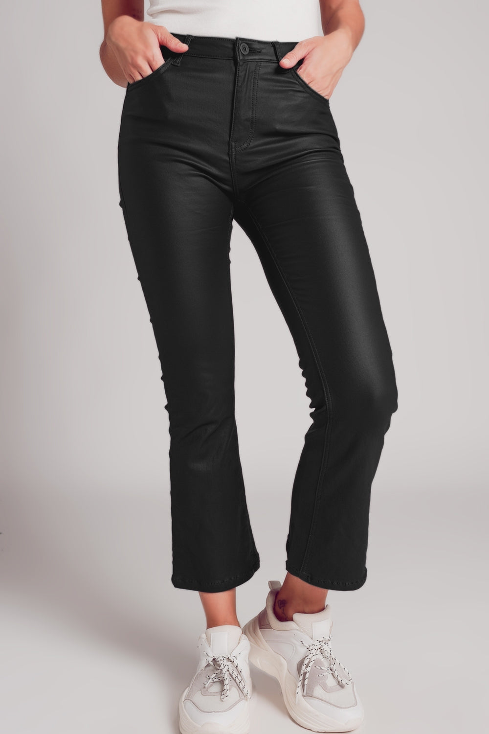 Stretch faux leather flare pants in black | Just Cool Beans — pants | bottoms