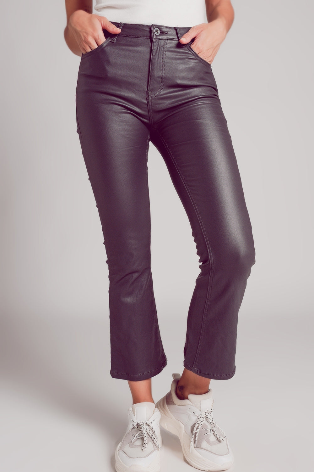 Stretch faux leather flare pants in grey | Just Cool Beans — pants | bottoms