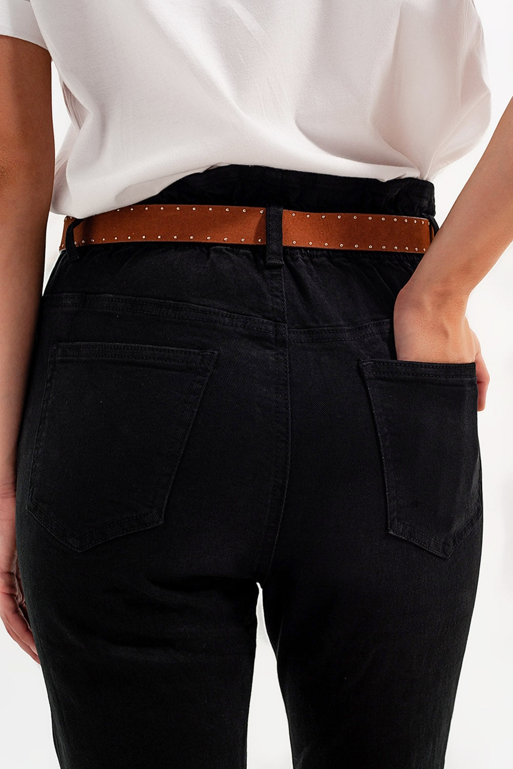 Stretch paperbag waist straigh jeans in black | Just Cool Beans