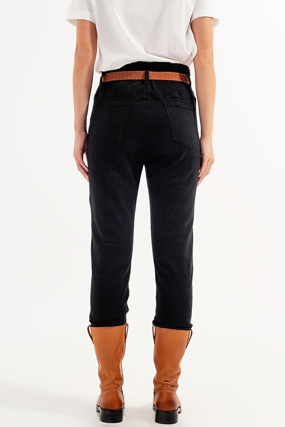 Stretch paperbag waist straigh jeans in black | Just Cool Beans