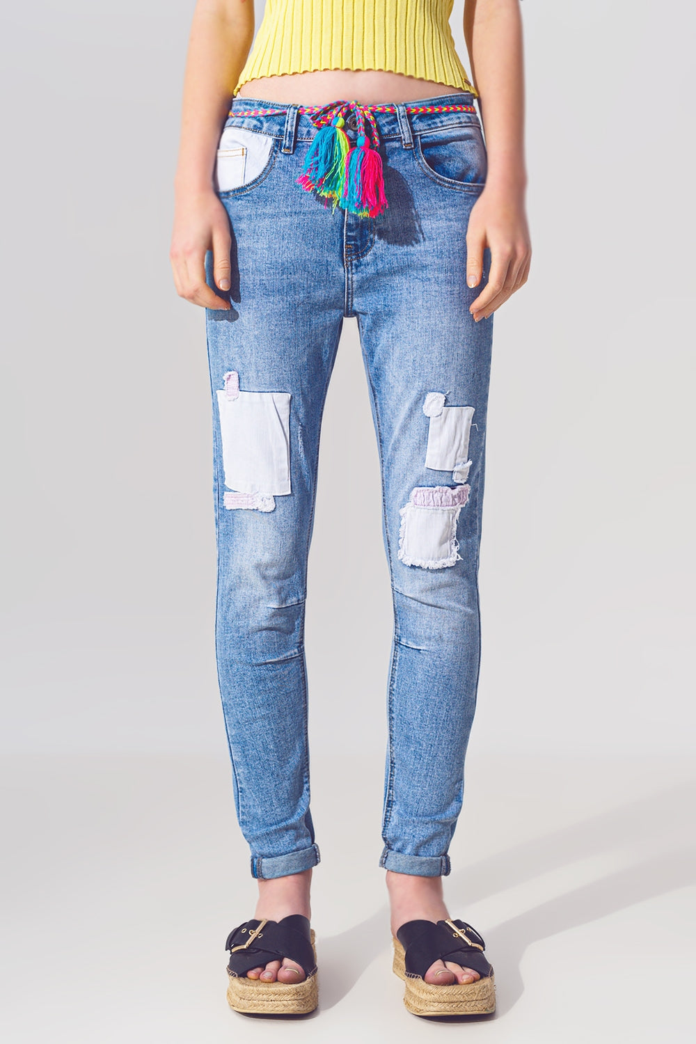 Stretch skinny jeans with patches in mid wash and belt detail | Just Cool Beans — jeans | the denim shop