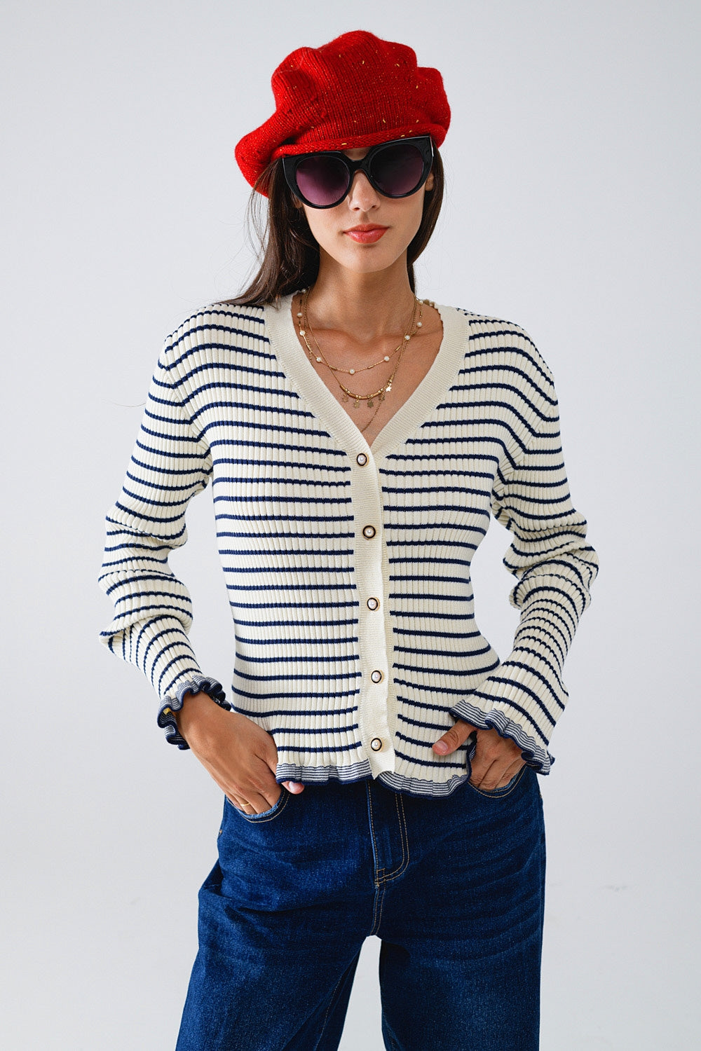 Striped cardigan in cream with ruffle trim | Just Cool Beans — sweaters | tops