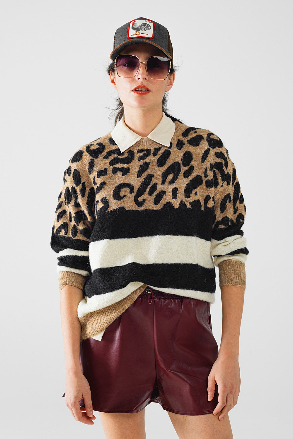 Stylish knitted panther print sweater with black and white stripes | Just Cool Beans — sweaters | bottoms