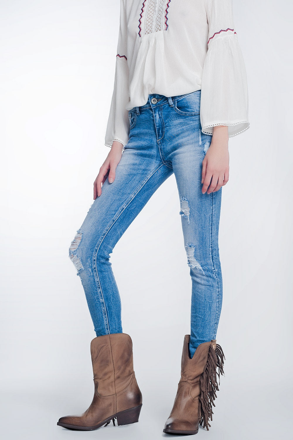 Super skinny jeans in vintage mid wash blue with heavy rips | Just Cool Beans — jeans | the denim shop