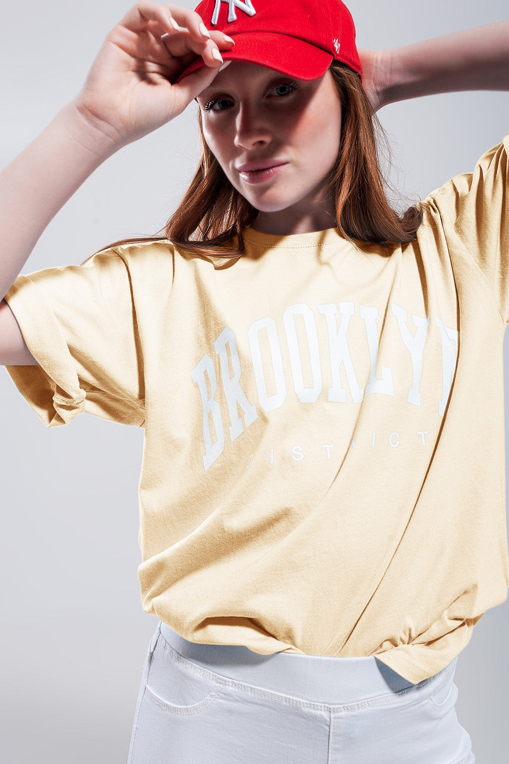 T-shirt with brooklyn district text in yellow | Just Cool Beans — tops