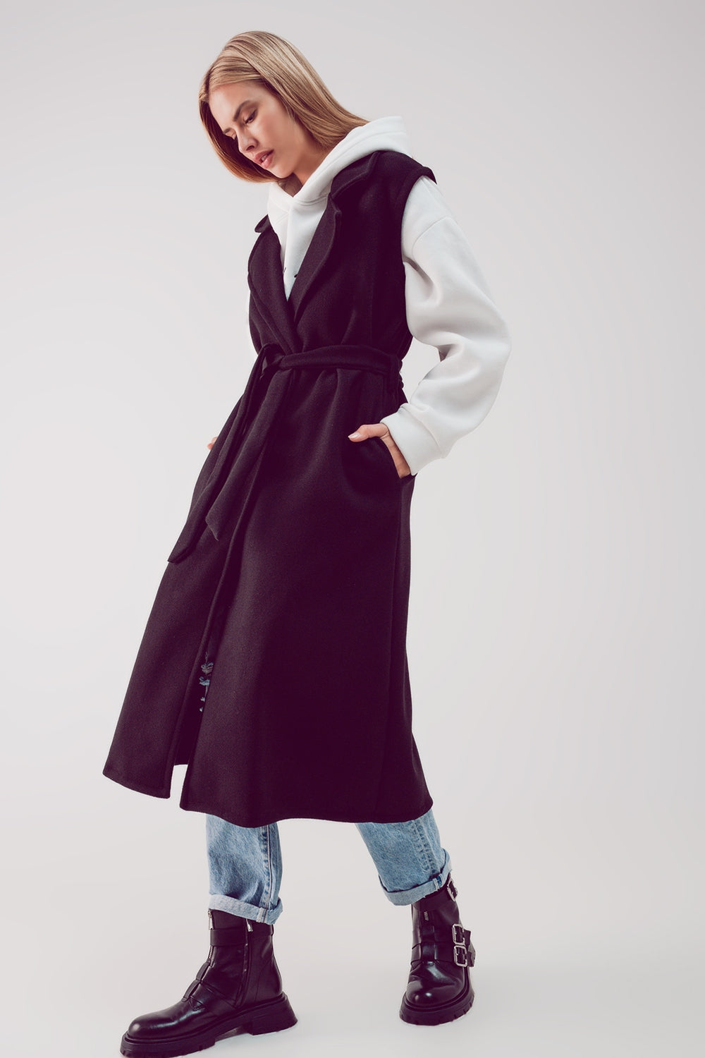 Ultra longline belted gilet in black | Just Cool Beans — coats and jackets | jackets
