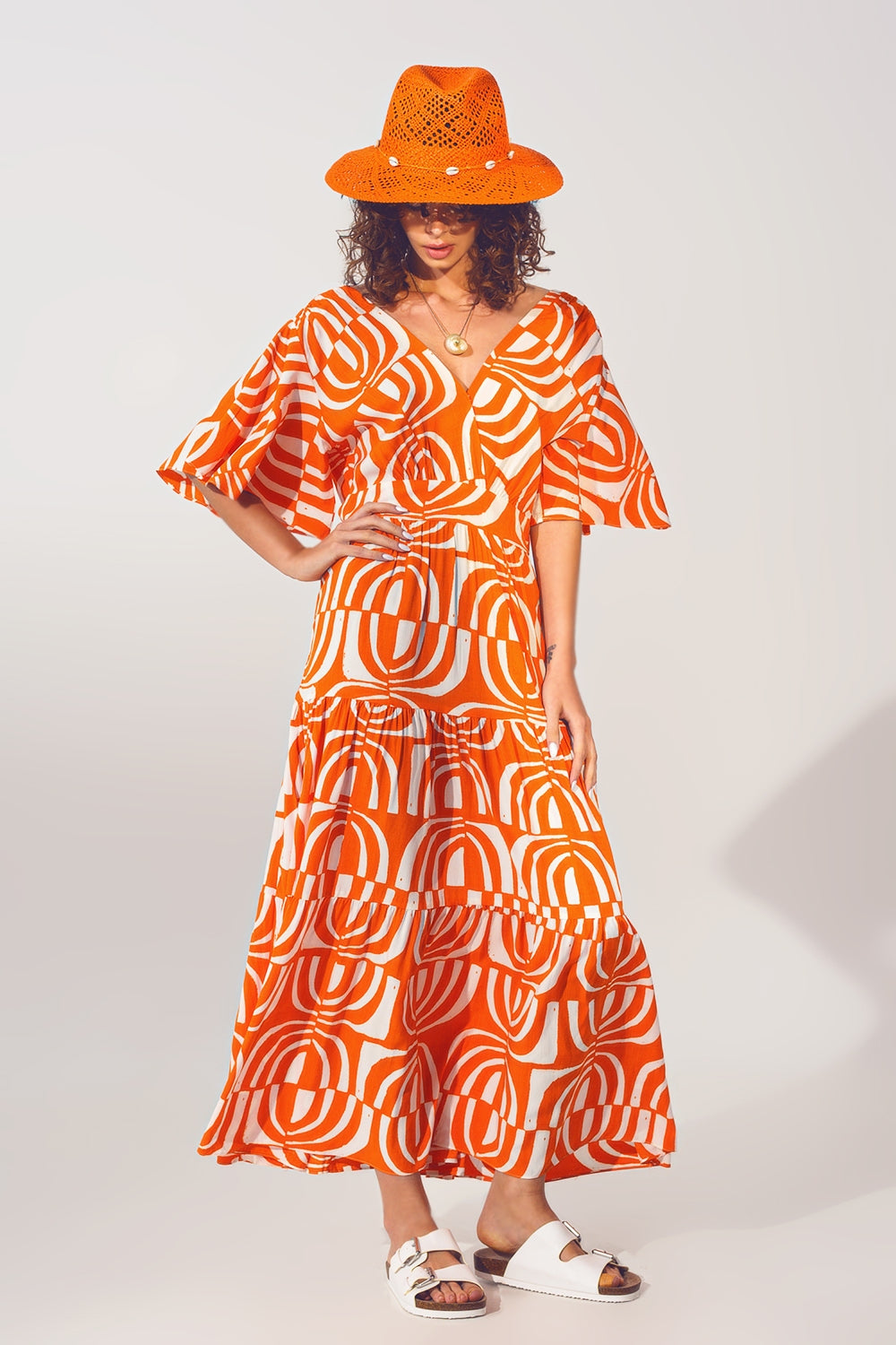 V neck midi dress with print in orange | Just Cool Beans — dresses