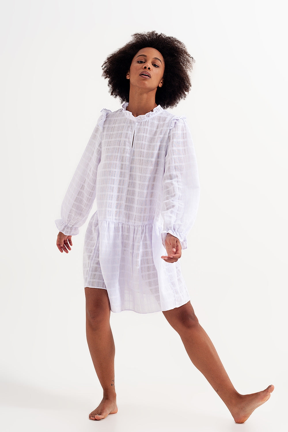 Voluminous mini dress with ruffles in white | Just Cool Beans