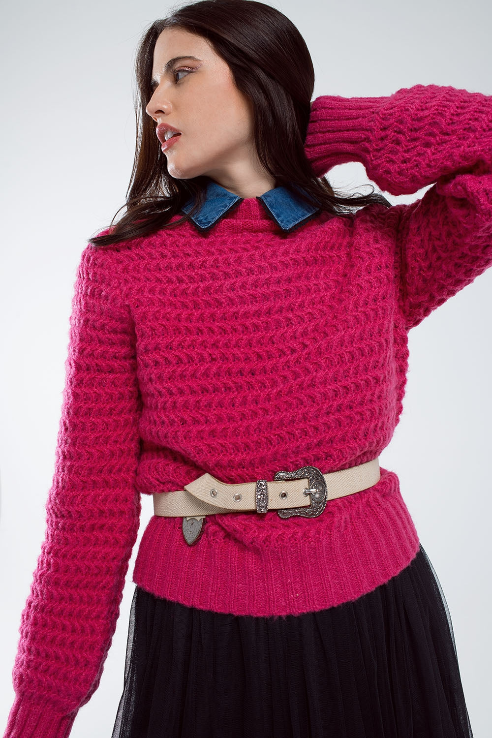 Waffle knit relaxed jumper with high neck in red | Just Cool Beans — sweaters | tops