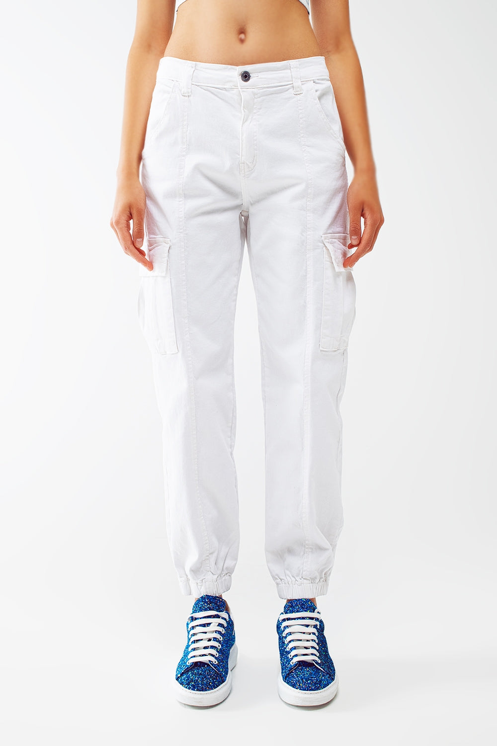 White cargo pants with elasticated waist and hem | Just Cool Beans — jeans | bottoms