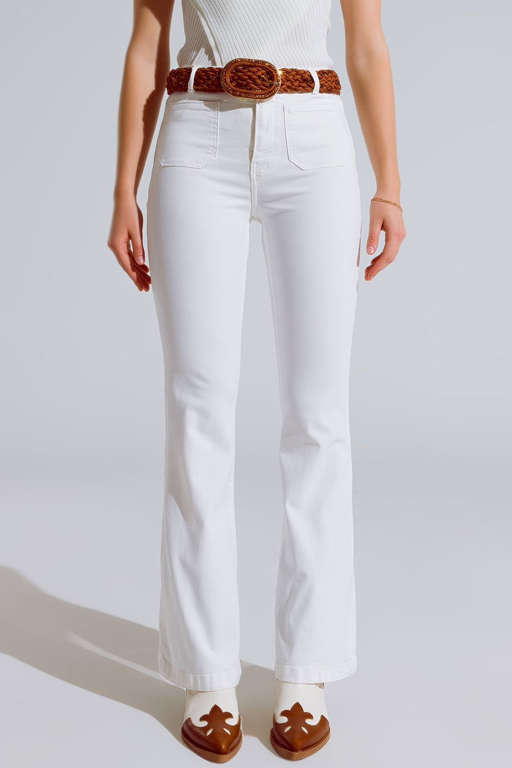 White skinny flared jeans with front pocket detail | Just Cool Beans — jeans | the denim shop