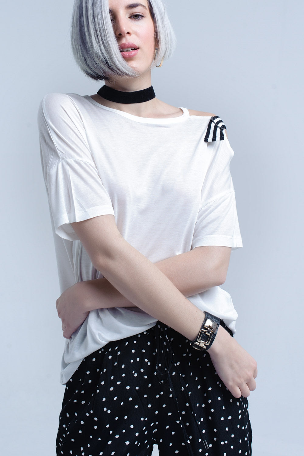 White t-shirt with one open shoulder | Just Cool Beans — tops