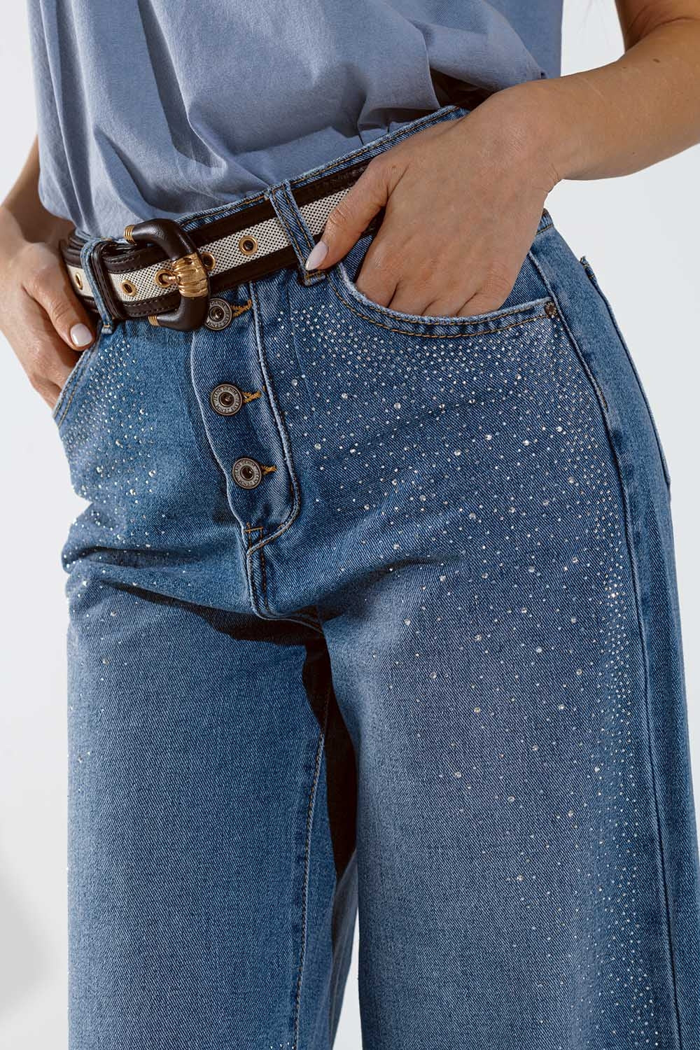 Wide leg jeans with exposed buttons and stras details in mid wash | Just Cool Beans