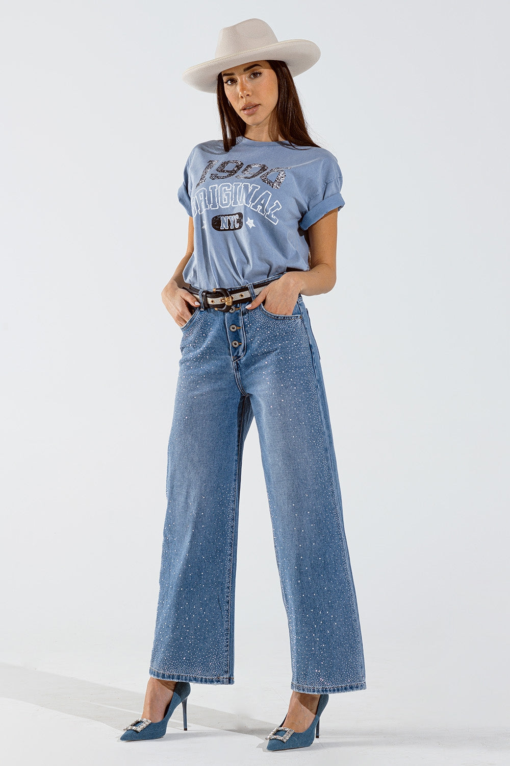 Wide leg jeans with exposed buttons and stras details in mid wash | Just Cool Beans