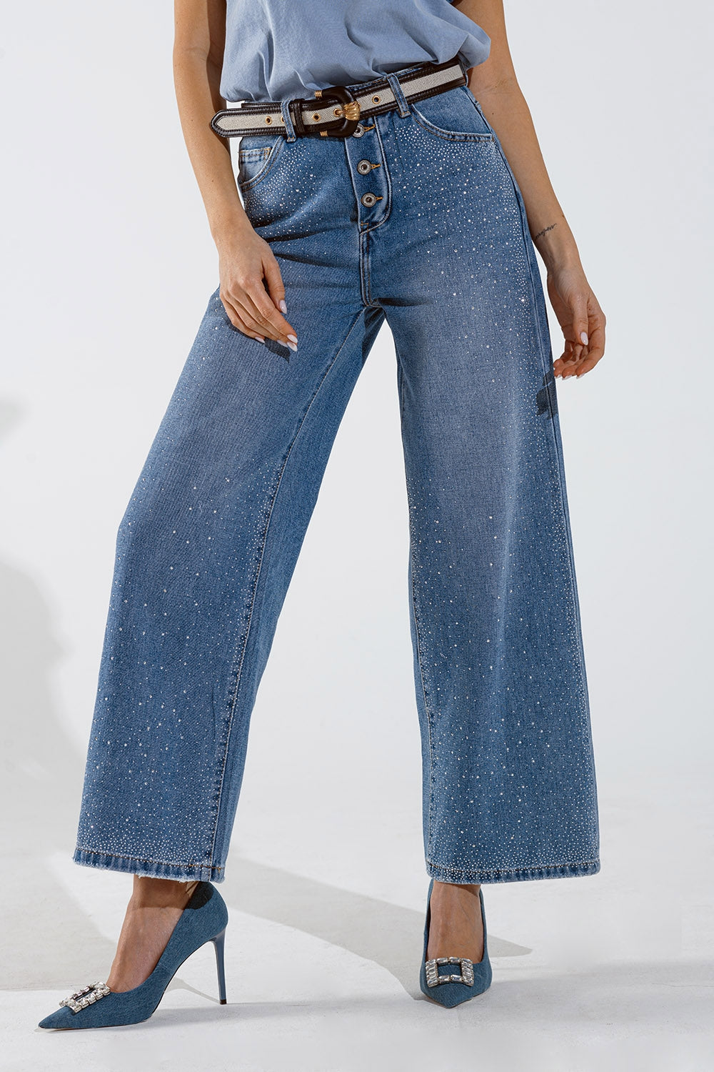 Wide leg jeans with exposed buttons and stras details in mid wash | Just Cool Beans