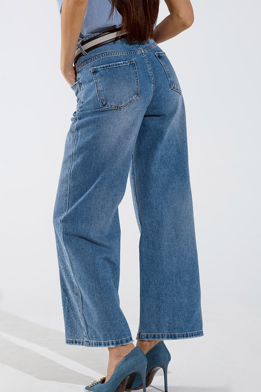 Wide leg jeans with exposed buttons and stras details in mid wash | Just Cool Beans