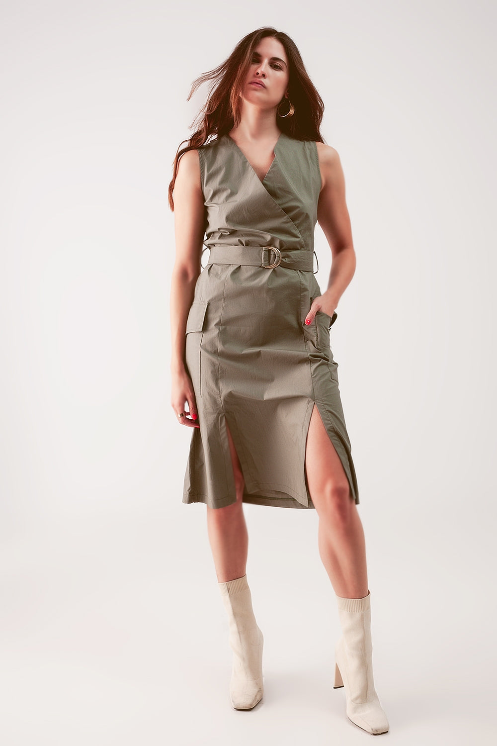 Wrap dress with tie waist detail in khaki | Just Cool Beans