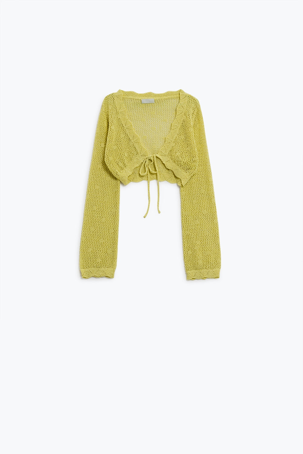 Yellow short crochet cardigan with lurex detail | Just Cool Beans — sweaters | bottoms