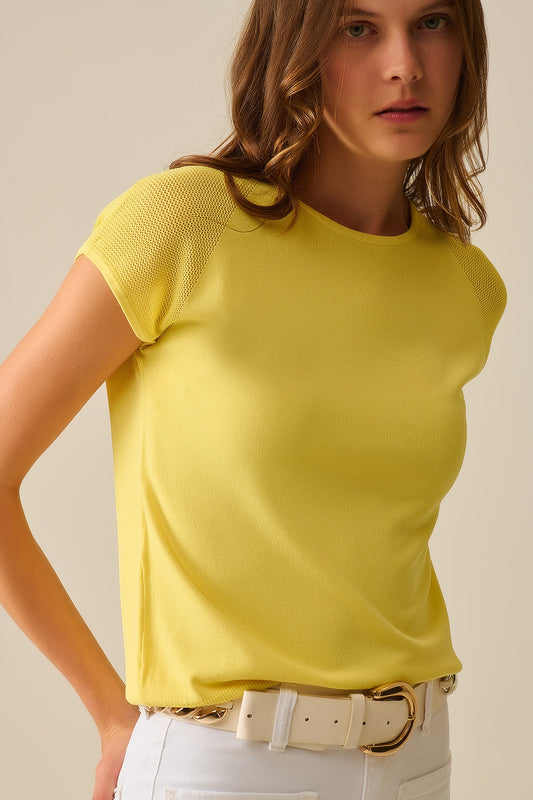 Yellow Short Sleeve Sweater with Knitted Mesh on the Shoulder