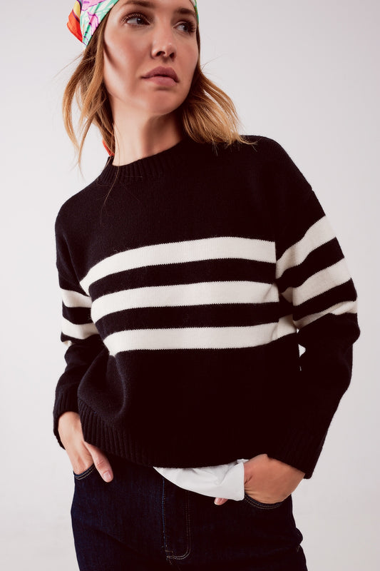 2 in 1 striped sweater with shirt underlay in black | Just Cool Beans — sweaters | tops