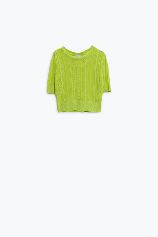 3/4 sleeves green knit sweater with zig zag stripes details | Just Cool Beans — sweaters | tops