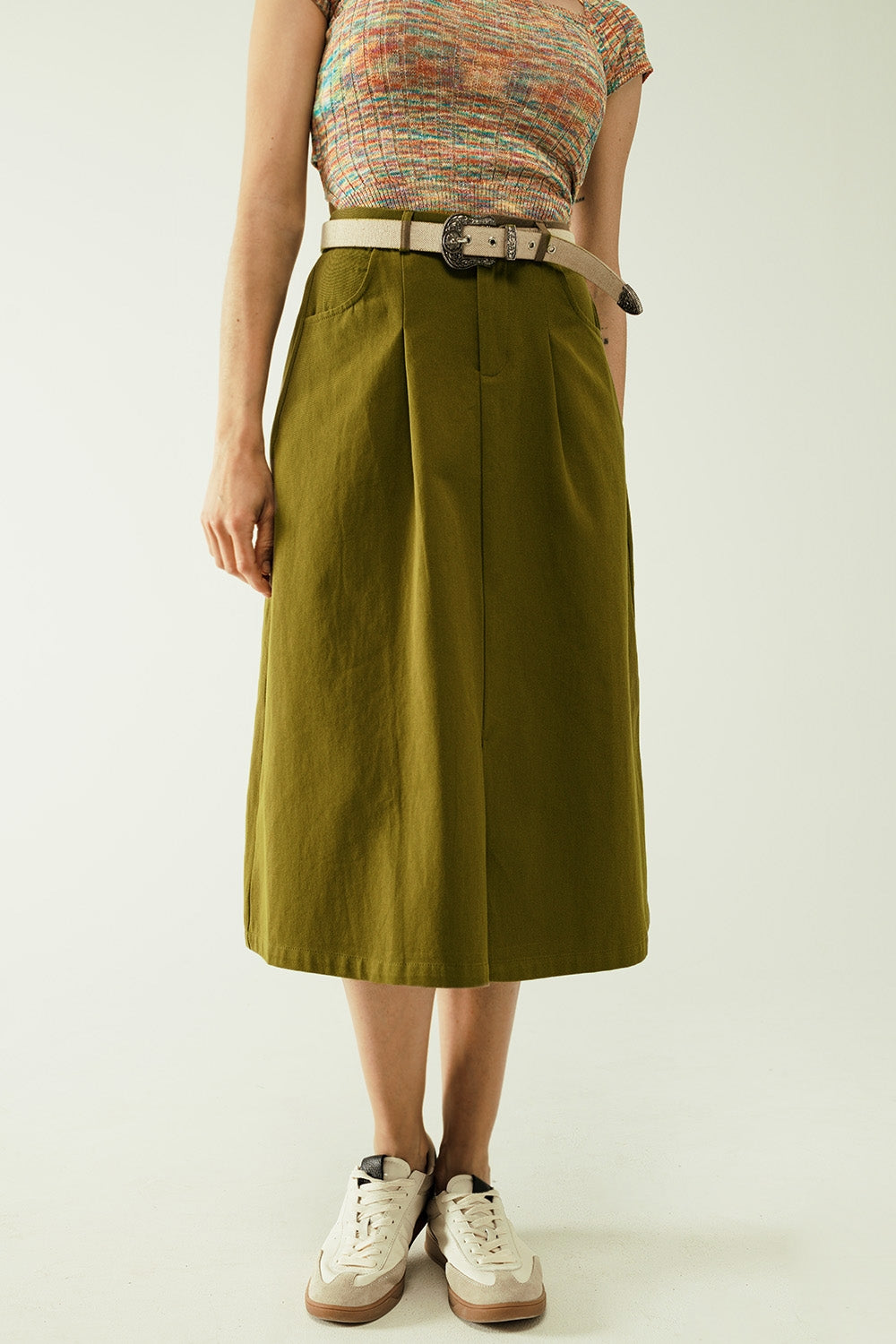 A line midi khaki skirt with pockets in khaki | Just Cool Beans — skirts