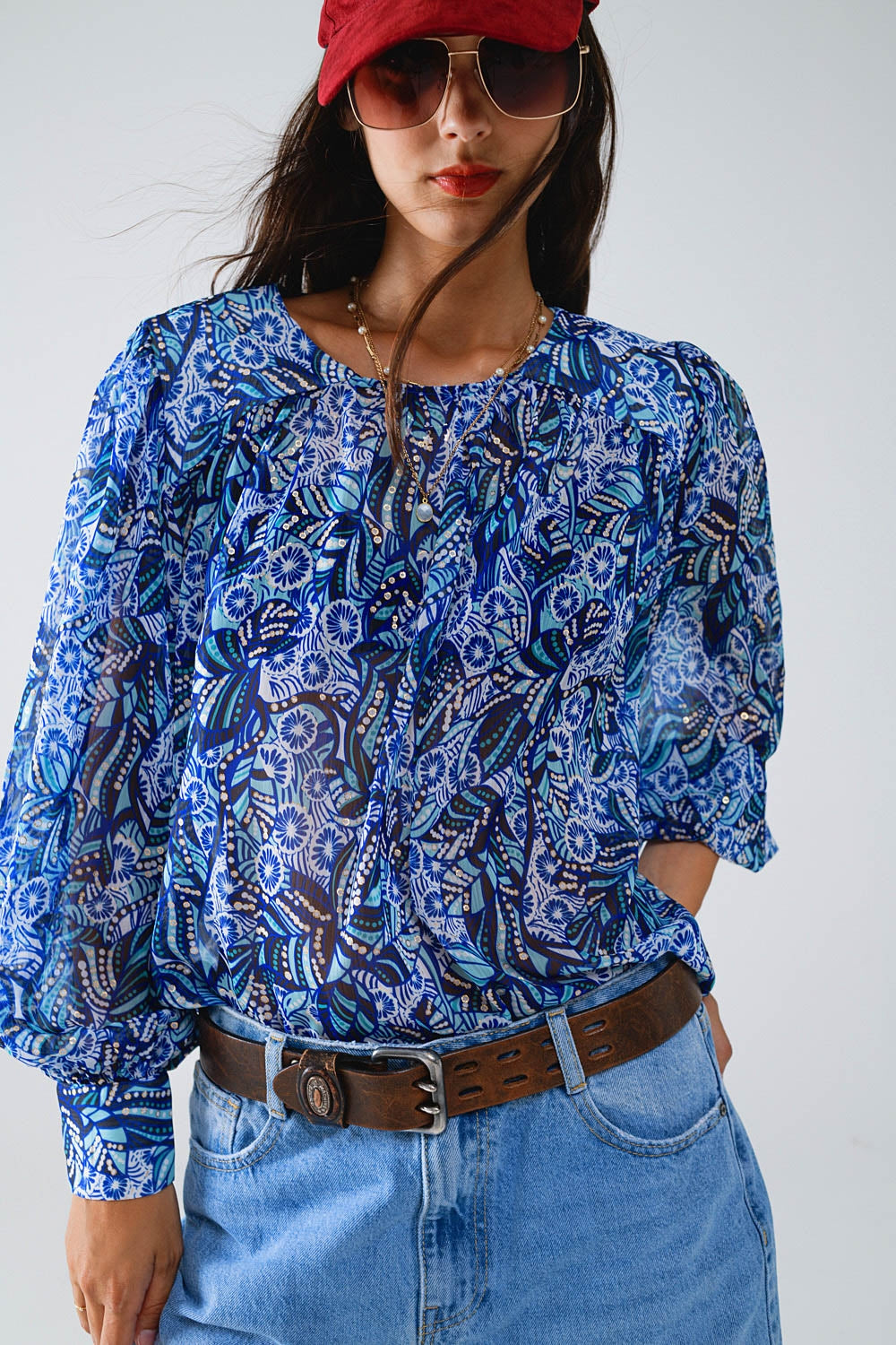 Abstract print blouse with balloon sleeves in blue | Just Cool Beans — shirts | tops