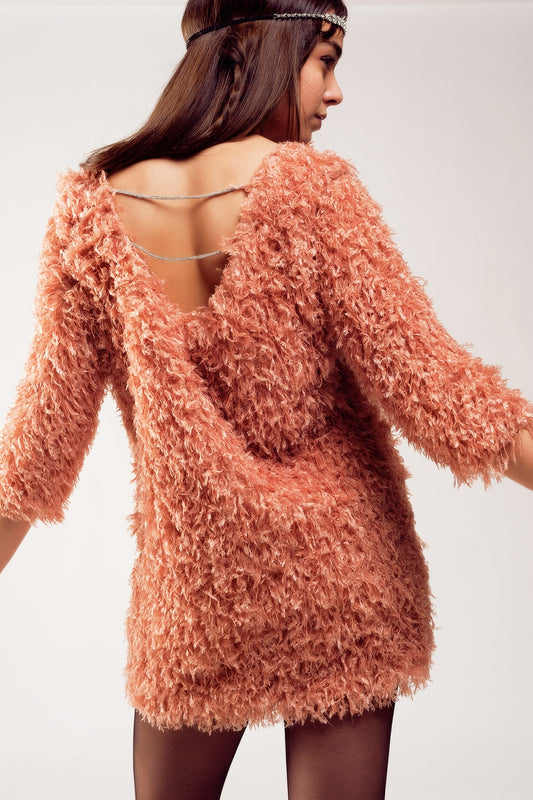 All over faux feather three quarter sleeve mini dress in pink | Just Cool Beans — dresses