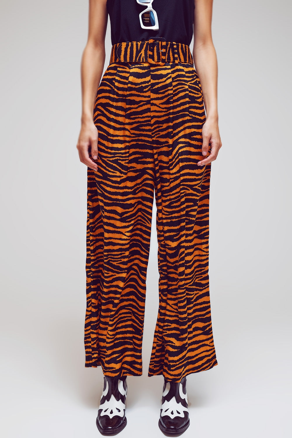 Animal print straight leg pants with wide buckle belt | Just Cool Beans — pants | bottoms