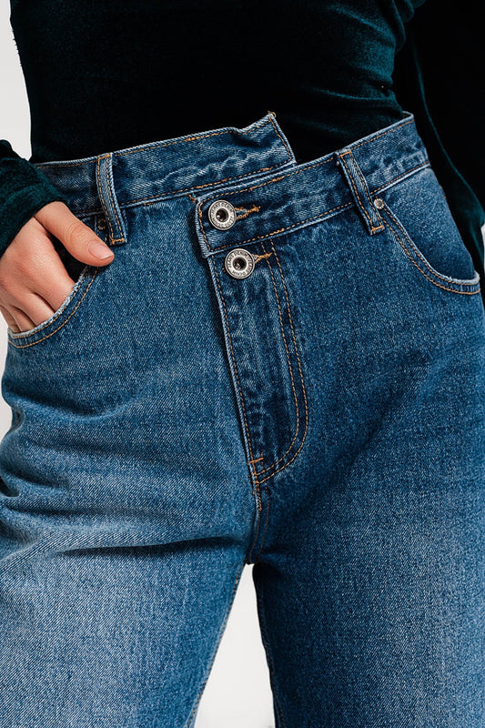Asymmetric button detail straight jeans in mid blue | Just Cool Beans — jeans | the denim shop