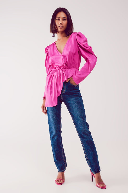 Asymmetric puff sleeve blouse in fuchsia | Just Cool Beans — shirts | tops