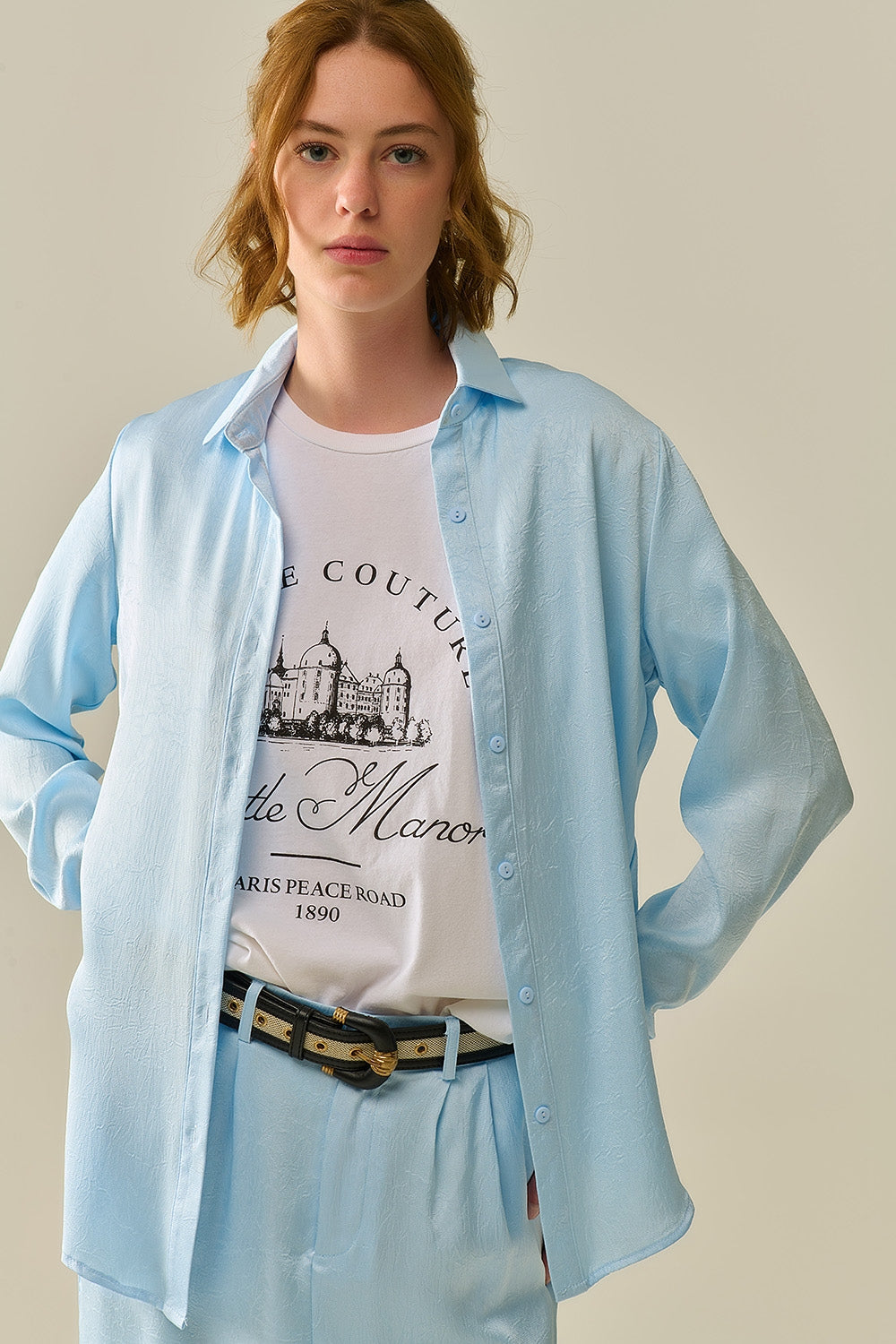 Baby blue buttoned shirt in satin | Just Cool Beans — shirts | nan